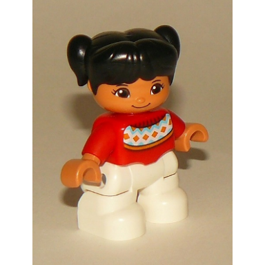 duplo figure lego ville child girl white legs red fair isle sweater with orange diamonds brown oval eyes black pigtails
