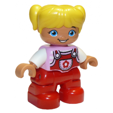 duplo figure lego ville child girl red legs bright pink top with flower on pocket white arms yellow hair