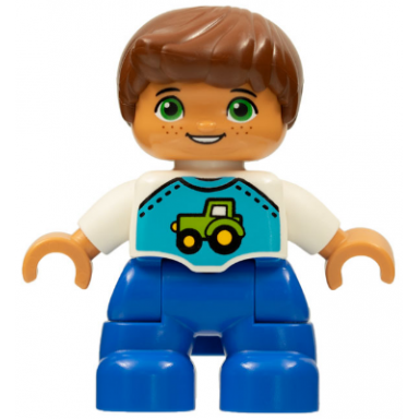 duplo figure lego ville child boy blue legs white top with tractor pattern reddish brown hair