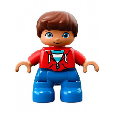 duplo figure lego ville child boy blue legs red top with zipper and pockets reddish brown hair