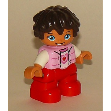 duplo figure lego ville child girl red legs bright pink top with heart pattern white arms reddish brown hair
