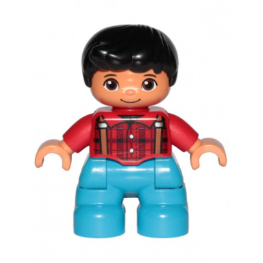 duplo figure lego ville child boy dark azure legs red checkered shirt with suspenders black hair