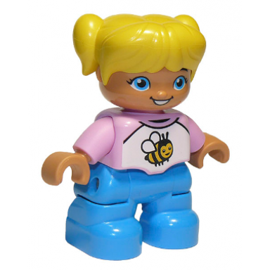 duplo figure lego ville child girl dark azure legs white and bright pink top with bee yellow hair with pigtails