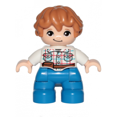 duplo figure lego ville child boy blue legs white checkered shirt with belt medium nougat hair