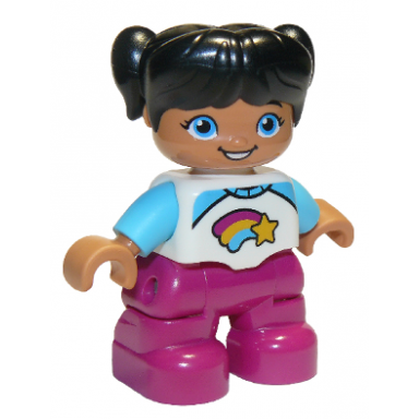 duplo figure lego ville child girl magenta legs white and medium azure top with shooting star black hair with pigtails