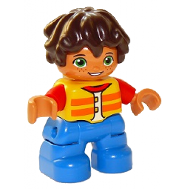 duplo figure lego ville child boy blue legs yellow vest red arms reddish brown hair