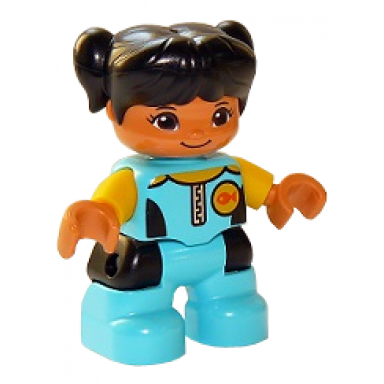 duplo figure lego ville child girl medium azure diving suit yellow arms black hair with pigtails