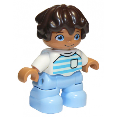 duplo figure lego ville child boy bright light blue legs white top with medium azure and light aqua stripes white arms dark brown hair