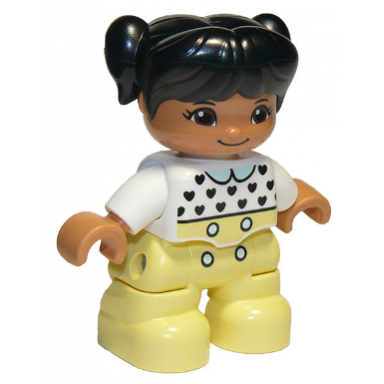 duplo figure lego ville child girl bright light yellow legs white top with black hearts black hair with pigtails medium nougat skin
