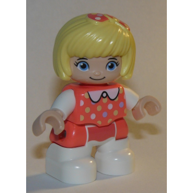 duplo figure lego ville child girl white legs coral top with polka dots pattern white arms bright light yellow hair with bow