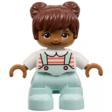 duplo figure lego ville child girl light aqua legs white top with coral stripes reddish brown hair