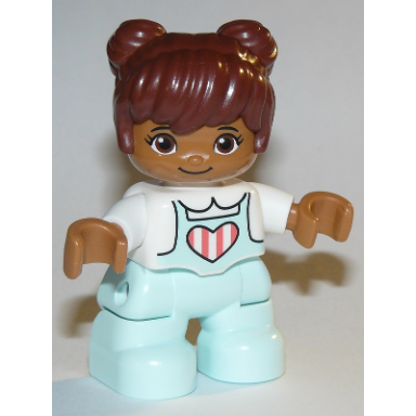 duplo figure lego ville child girl light aqua legs white top with coral stripes in heart reddish brown hair