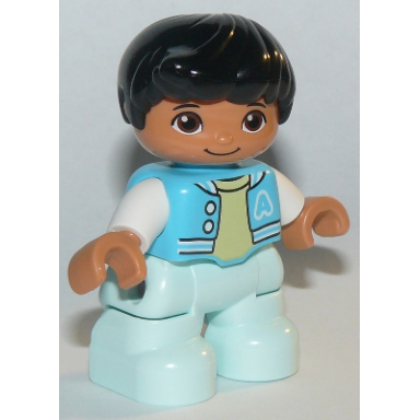 duplo figure lego ville child boy light aqua legs medium azure jacket bright light yellow shirt white arms black hair