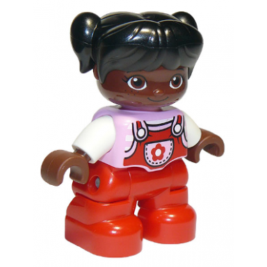 duplo figure lego ville child girl red legs bright pink top with flower on pocket white arms black hair with pigtails oval eyes