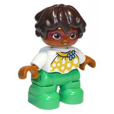 duplo figure lego ville child girl bright green legs white top with yellow pattern and blue bow dark brown wavy hair magenta glasses