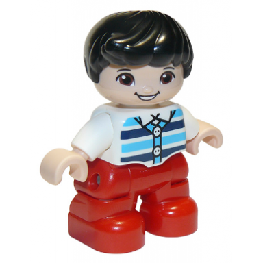 duplo figure lego ville child boy red legs white top with medium azure and dark blue stripes black hair