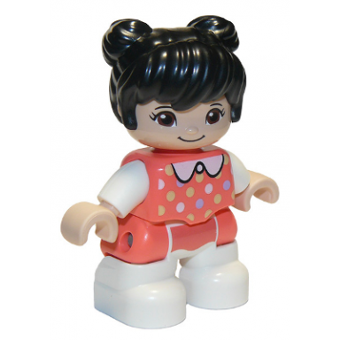 duplo figure lego ville child girl white legs coral top with polka dots pattern white arms black hair