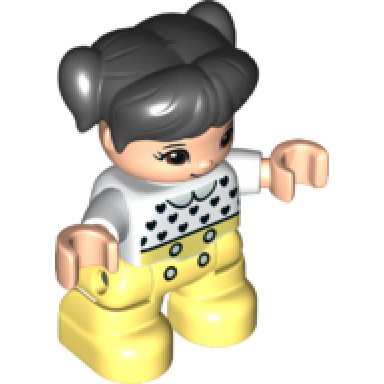 duplo figure lego ville child girl bright light yellow legs white top with black hearts black hair with pigtails light nougat skin