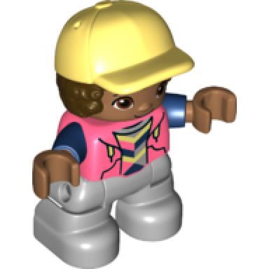 duplo figure lego ville child boy light bluish gray legs coral top with dark blue arms dark brown hair bright light yellow cap