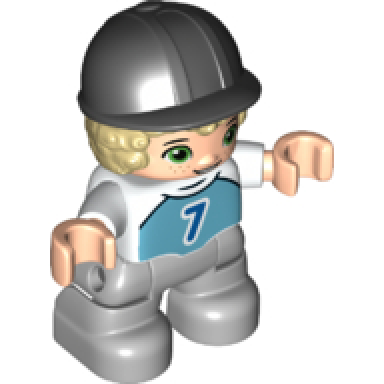 duplo figure lego ville child boy light bluish gray legs medium azure top with number 7 tan hair black riding helmet