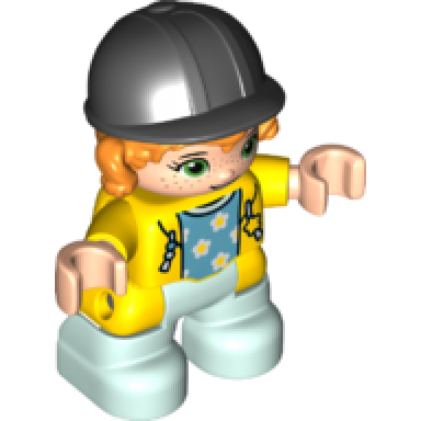 duplo figure lego ville child girl light aqua legs yellow jacket with medium azure top with flowers orange hair black riding helmet