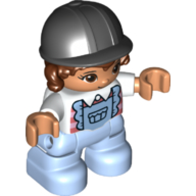 duplo figure lego ville child girl bright light blue legs with overalls white top reddish brown hair black riding helmet
