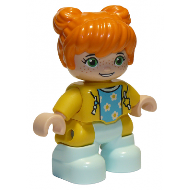 duplo figure lego ville child girl light aqua legs yellow jacket with medium azure top with flowers orange hair