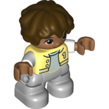 duplo figure lego ville child boy light bluish gray legs bright light yellow jacket with number 1 dark brown hair