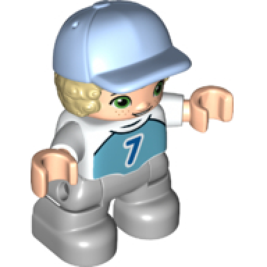 duplo figure lego ville child boy light bluish gray legs medium azure top with number 7 tan hair bright light blue cap