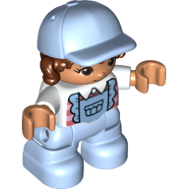 duplo figure lego ville child girl bright light blue legs with overalls white top reddish brown hair bright light blue cap