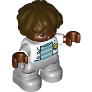 duplo figure lego ville child boy light bluish gray legs white jacket light aqua and medium azure striped top dark brown hair