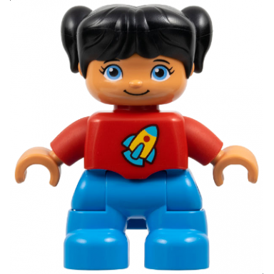 duplo figure lego ville child girl dark azure legs red top with space rocket ship black hair