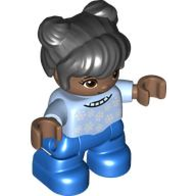 duplo figure lego ville child girl blue legs bright light blue top with white snowflakes reddish brown eyes black hair