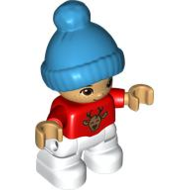 duplo figure lego ville child boy white legs red top with deer buck freckles reddish brown eyes dark azure bobble cap