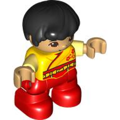 duplo figure lego ville child boy red legs yellow robe bright light yellow arms black hair reddish brown eyes