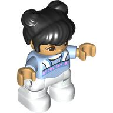 duplo figure lego ville child girl white legs bright light blue top with bright pink flowers black hair reddish brown eyes