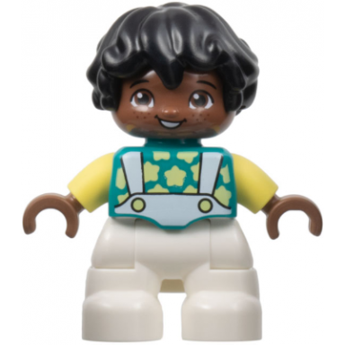 duplo figure lego ville child boy white legs dark turquoise top with stars bright light yellow arms black hair