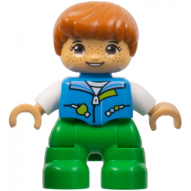 duplo figure lego ville child girl bright green legs dark azure vest white shirt dark orange hair hearing aids