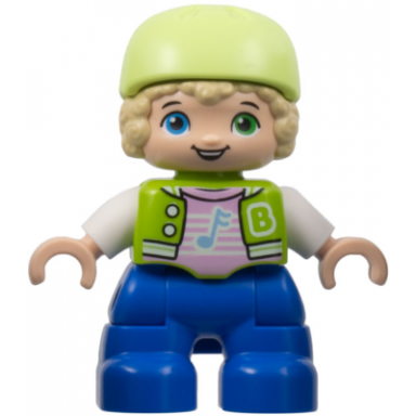 duplo figure lego ville child boy blue legs lime jacket with white sleeves bright pink shirt yellowish green bicycle helmet