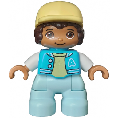 duplo figure lego ville child boy light aqua legs medium azure jacket with capital letter a and buttons dark brown hair bright light yellow cap