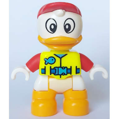 duplo figure lego ville huey duck neon yellow life jacket red arms and cap