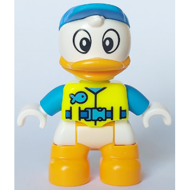duplo figure lego ville dewey duck neon yellow life jacket dark azure arms and cap
