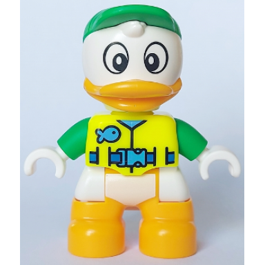 duplo figure lego ville louie duck neon yellow life jacket bright green arms and cap