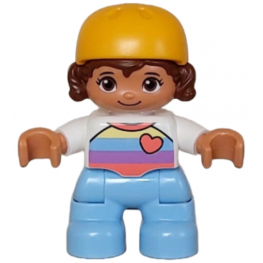 duplo figure lego ville child girl bright light blue legs white shirt with coral medium lavender bright light blue and bright light yellow stripes coral heart reddish brown hair bright light orange helmet