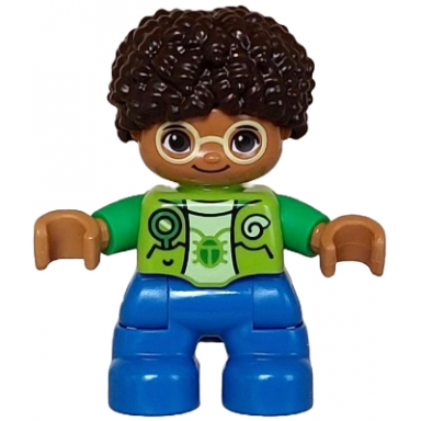 duplo figure lego ville child boy blue legs lime vest yellowish green shirt bright light yellow glasses dark brown hair