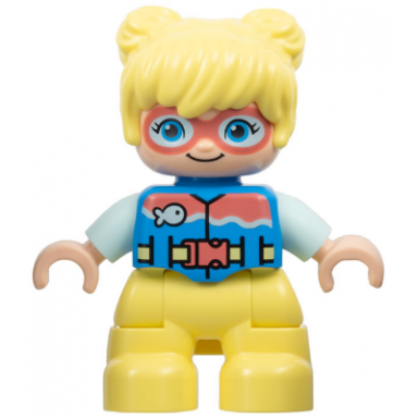 duplo figure lego ville child girl bright light yellow legs and hair dark azure vest dark pink goggles light aqua arms
