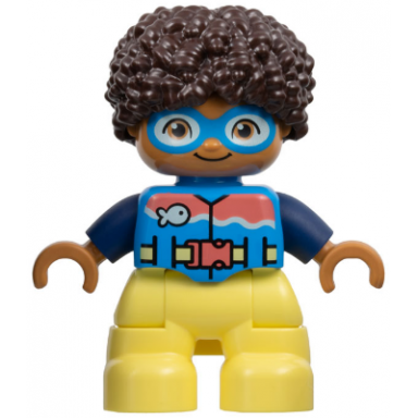 duplo figure lego ville child boy bright light yellow legs dark azure vest and goggles dark blue arms dark brown hair