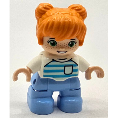 duplo figure lego ville child girl bright light blue legs orange hair medium azure and light aqua striped shirt green eyes freckles white arms