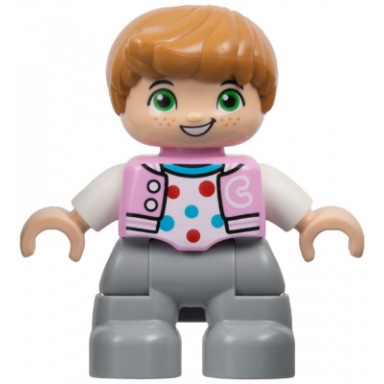 duplo figure lego ville child boy light bluish gray legs bright pink jacket with capital letter c polka dot shirt medium nougat hair