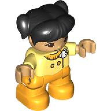 duplo figure lego ville child girl bright light orange legs bright light yellow top with white dog head black hair with pigtails